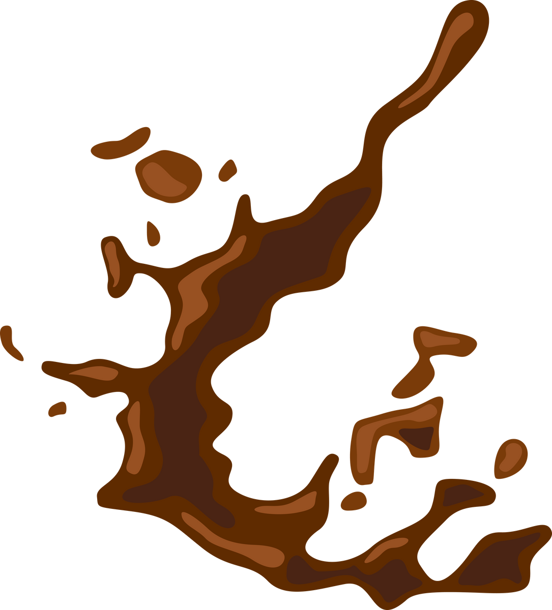 Splash of coffee or hot chocolate vector illustration. Spilled puddle of mud, liquid or fluid texture, splatter of brown paint isolated on white background